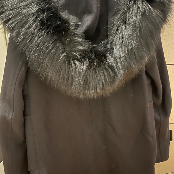Zara Black 75% Wool Winter Jacket coat Hood with black fur metal Buckel pocket S - Picture 5 of 6